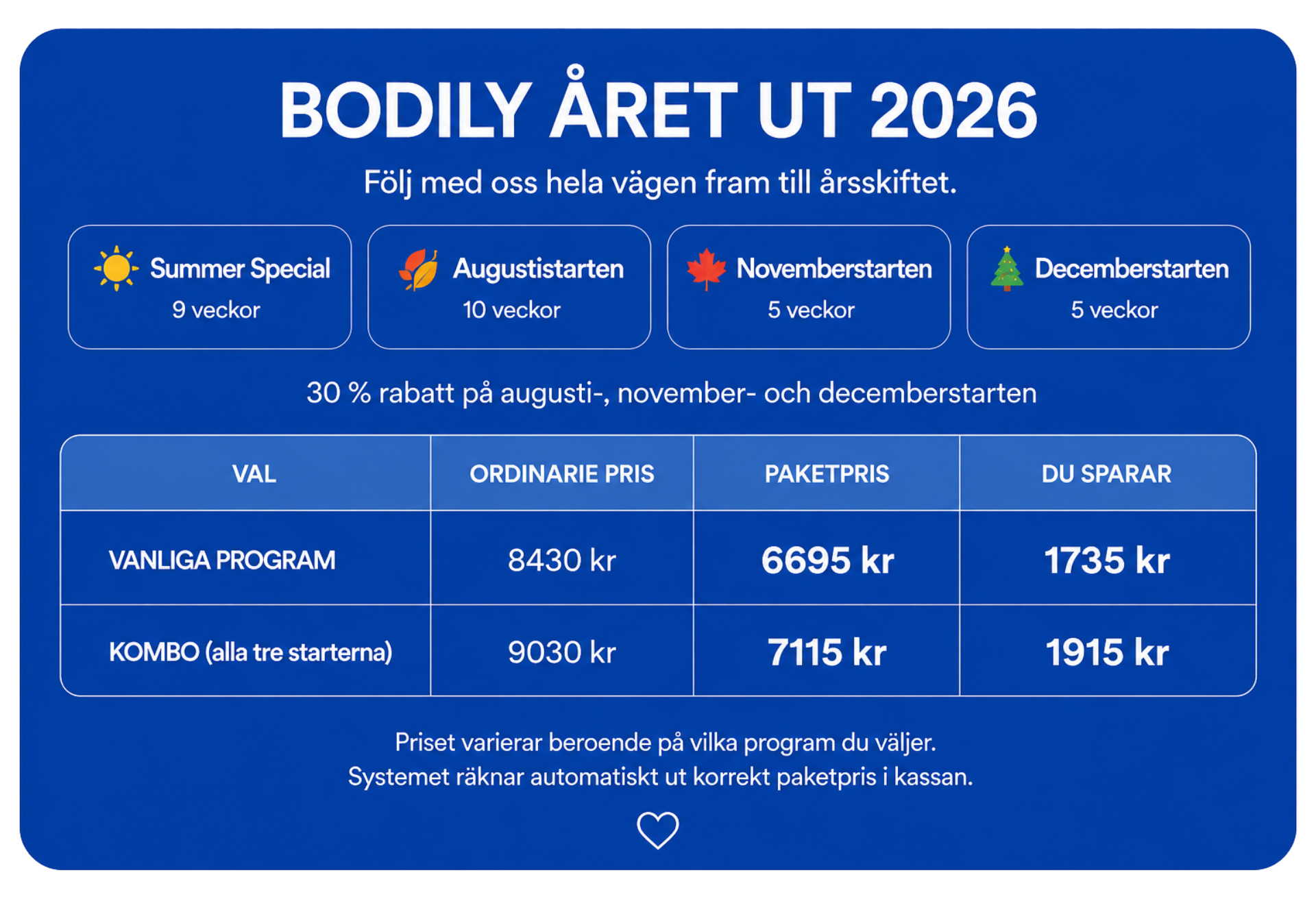 Bodily erbjuder ett paket med alla program från sommaren och året ut 2026.