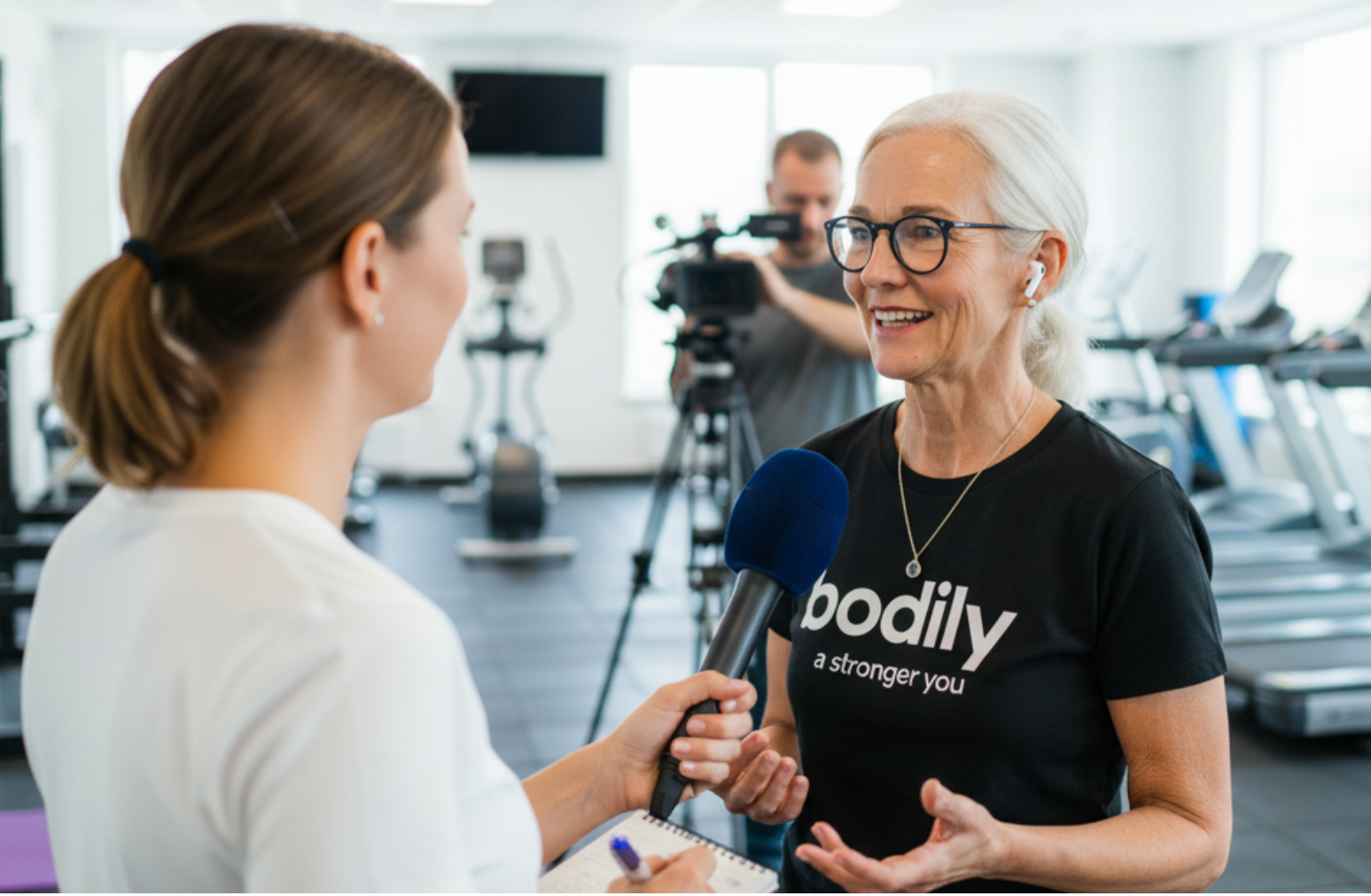 Karin blir intervjuad av journalist om Bodily kost- och träningsprogram online och hälsosam livsstil.