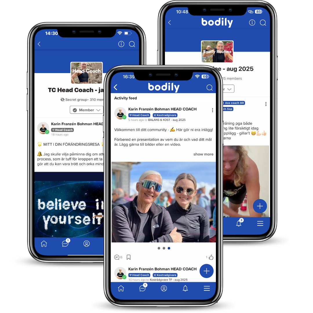 Bodily-appen med veckans fokus, coachning, community och delmål under Bodily Change.