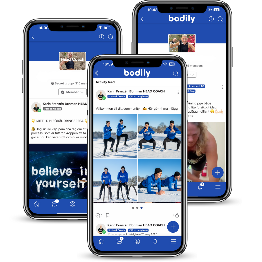 Tre mobiler som visar Bodilys communityflöde med träningsvideos, recept och kommentarer.