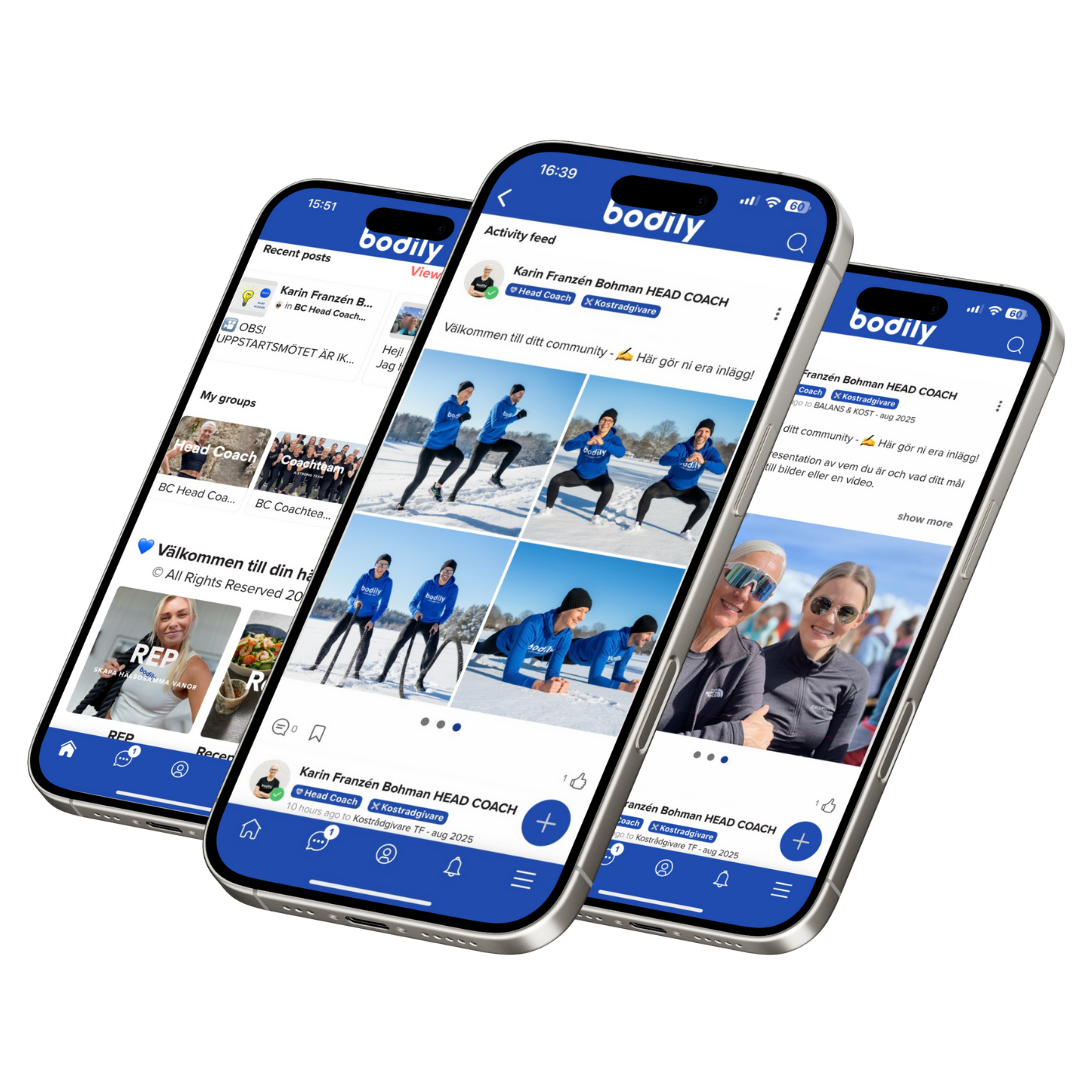 Communityflöde i Bodily-appen med träningsvideos och peppande kommentarer.