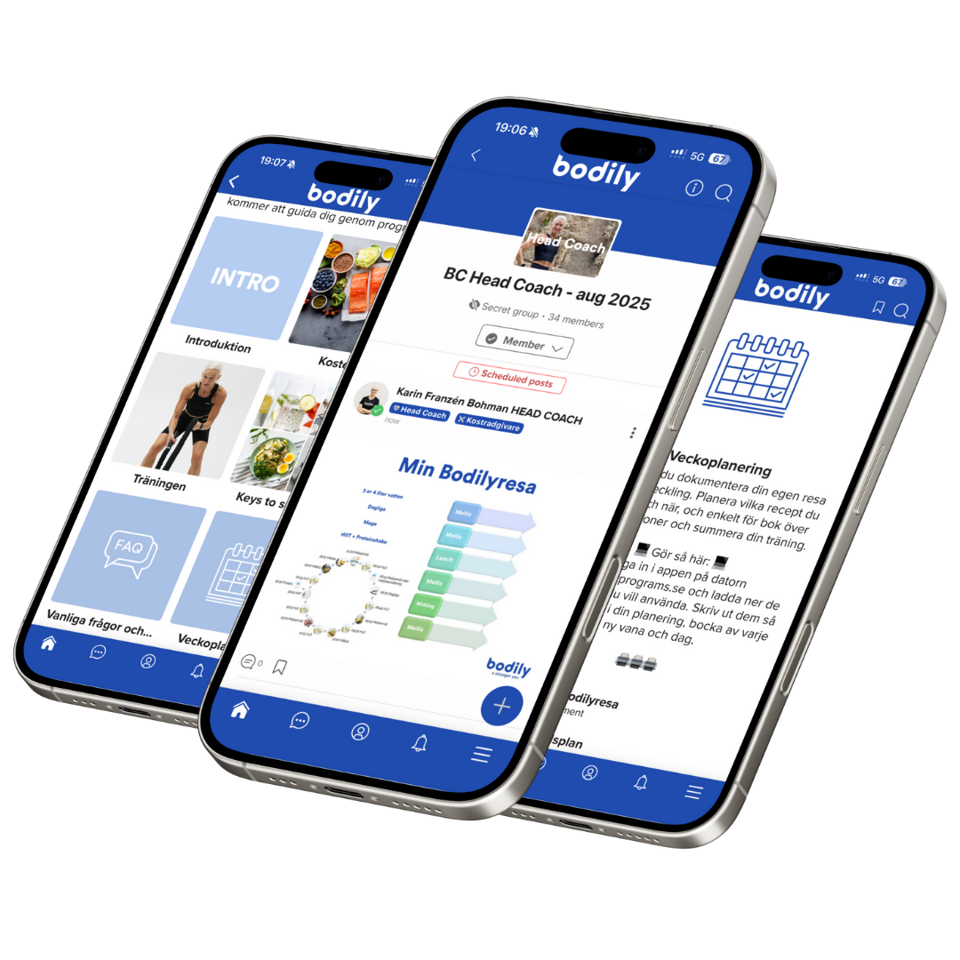 Mobilskärm med dagens träningspass, måltider och checklistor i Bodily-appen.