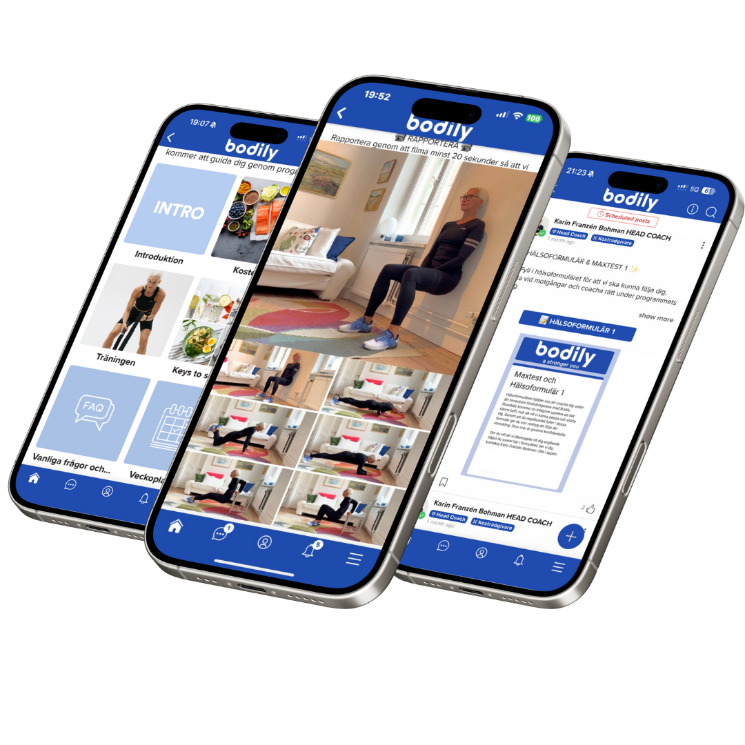 Uppföljningsvy i Bodily-appen med maxtester och hälsoformulär.