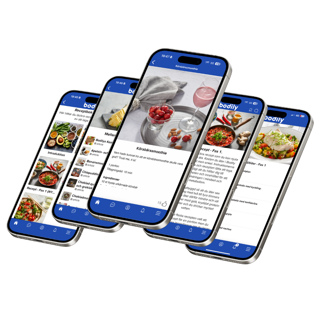 Mobilskärm som visar ett Bodilyrecept med ingredienser och instruktioner.