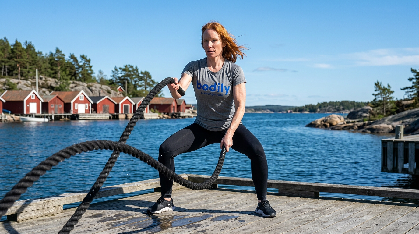 Bodilydeltagare tränar med rep på brygga i skärgården på sommaren.