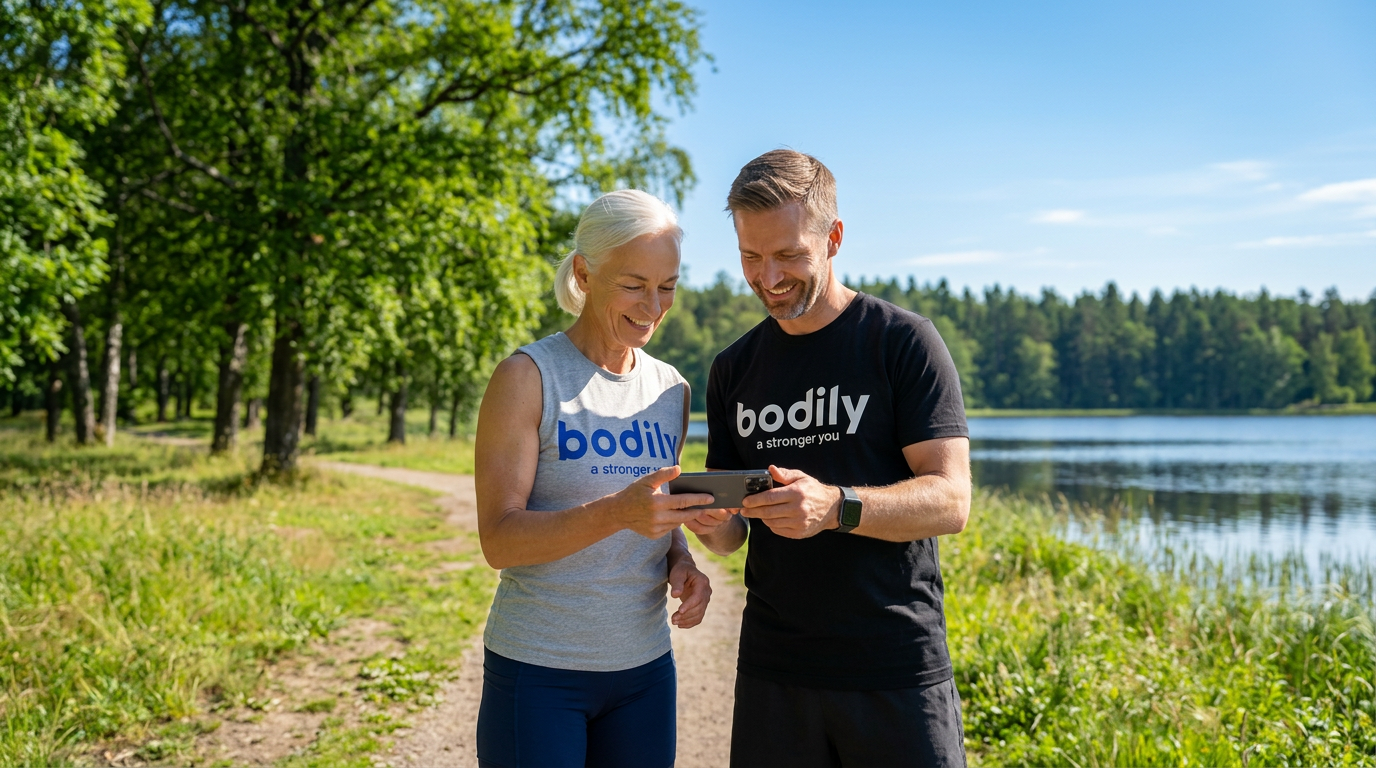 Bodily-deltagare tränar i sommarmiljö, strukturen finns i Bodilyappen – symbol för enkel och effektiv träning året runt.  