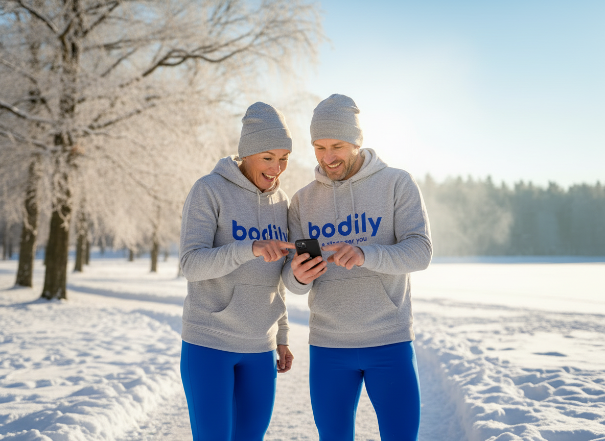 Tre Bodily-deltagare tränar i vintermiljö, strukturen finns i Bodilyappen – symbol för enkel och effektiv träning året runt.  