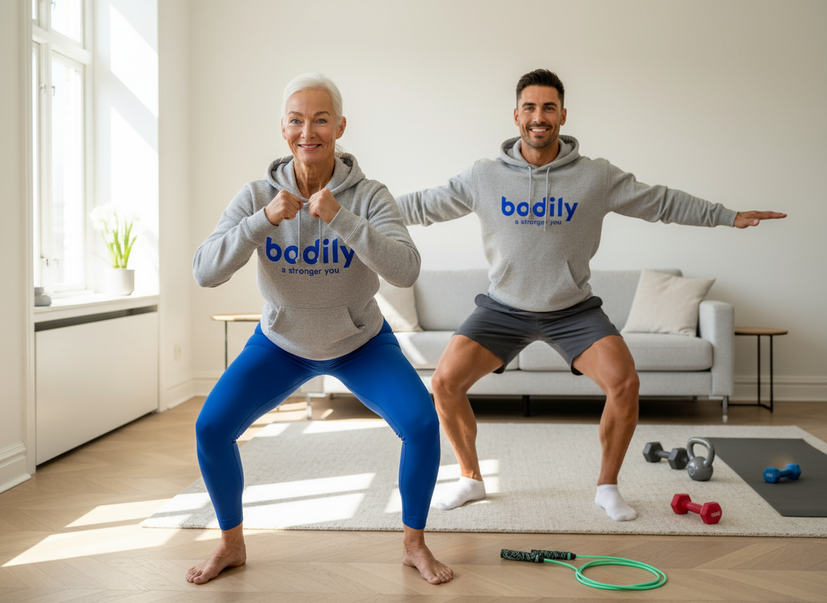 Kvinna och man tränar kropp i Bodily – kost och träningsprogram hemma och på gym 