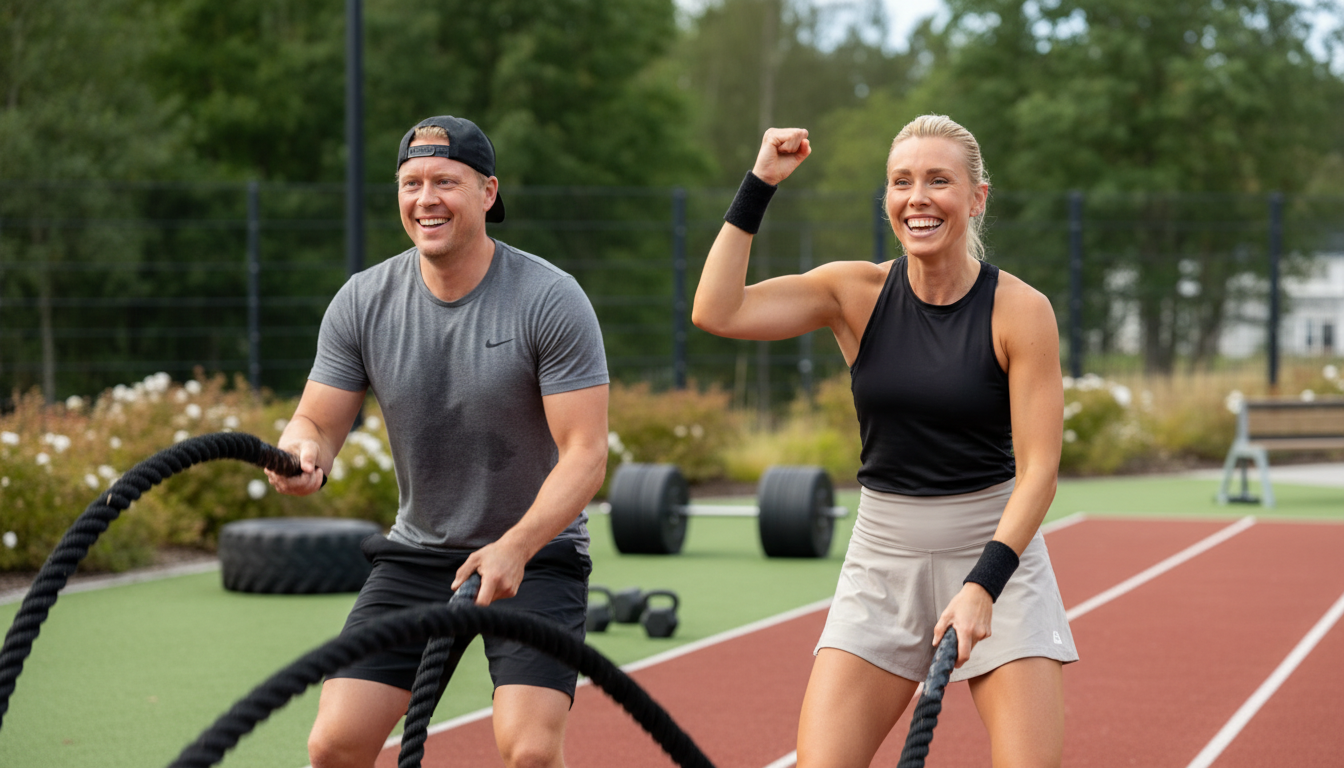 Coacher som guidar deltagare i träning utomhus – exempel på hur Bodily coachar med trygg teknik och individuell feedback. 