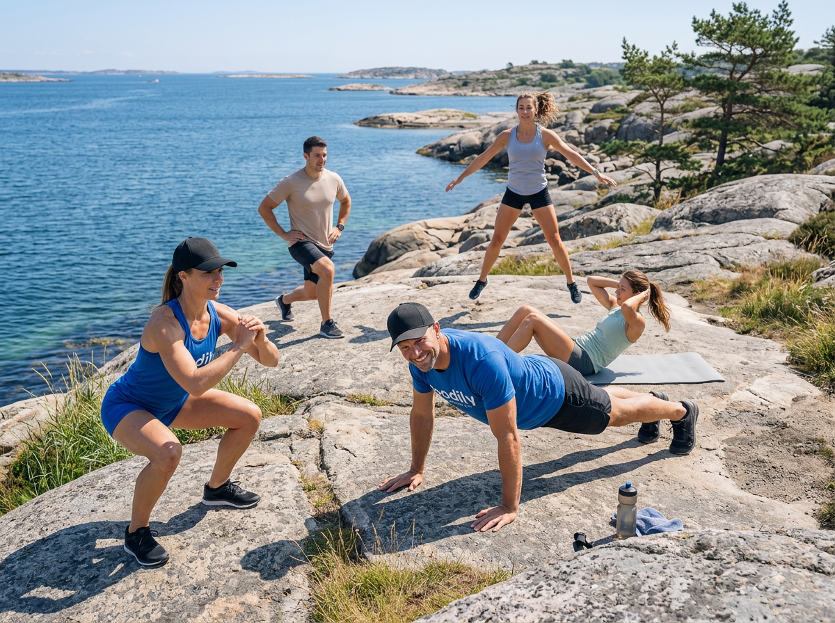 Coacher som filmar deltagare i träning utomhus – exempel på hur Bodily coachar med trygg teknik och individuell feedback. 