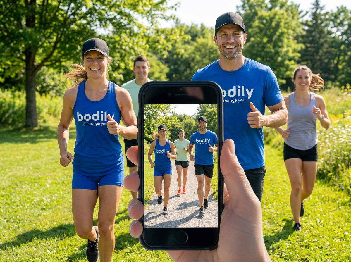 Alt-text:
Coacher som filmar deltagare i träning utomhus – exempel på hur Bodily coachar med trygg teknik och individuell feedback. 