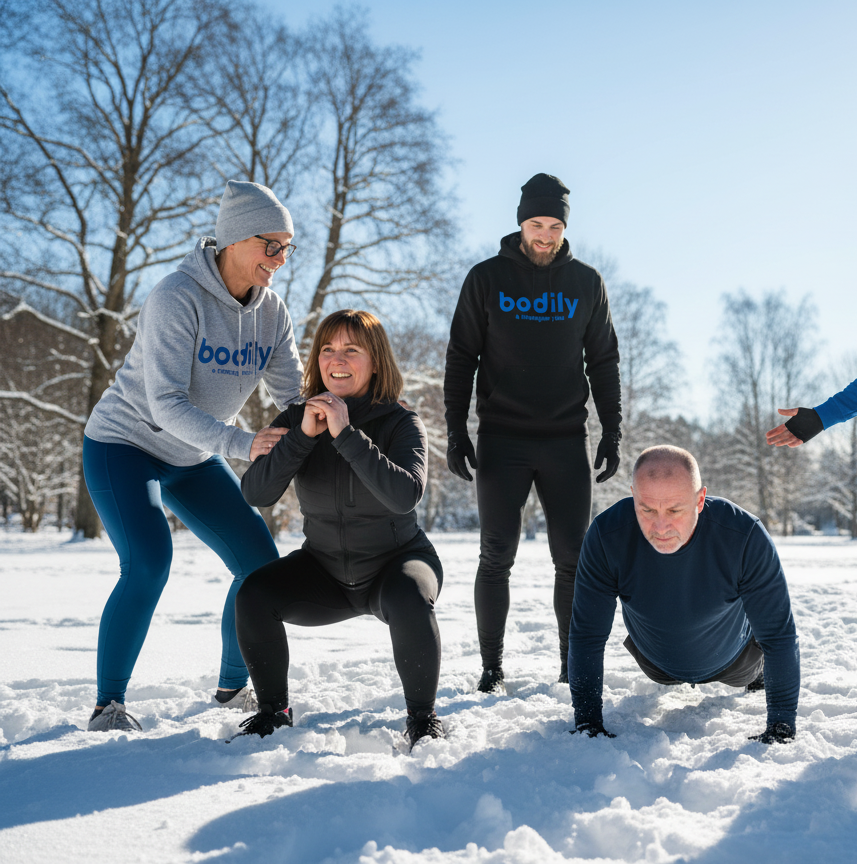 Alt-text:
Coacher som guidar deltagare i träning utomhus – exempel på hur Bodily coachar med trygg teknik och individuell feedback. 