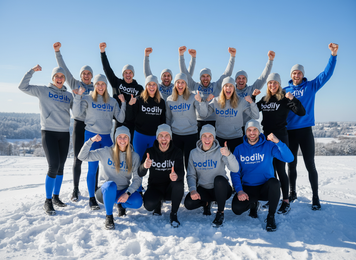 Bodilys coachteam i vintermiljö – symbol för gemenskap, stöd och pepp genom hela programmet.