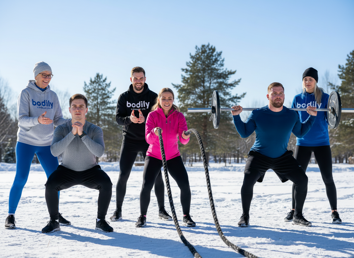 Bodily-appen med dagliga pass, pepp och coachstöd – illustration av hur deltagare följer programmet steg för steg.
