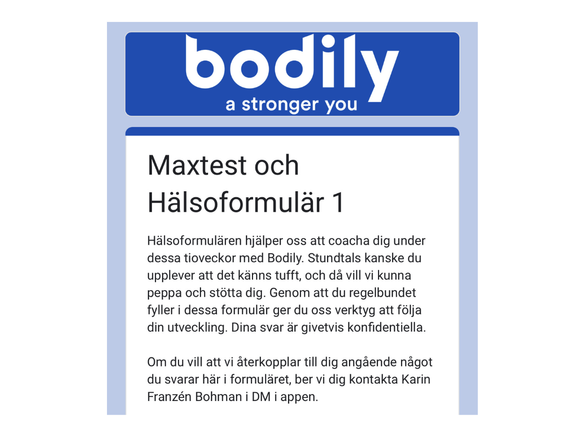 Exempel på maxtestövningar och hälsoformulär som används för att följa deltagarnas utveckling i Bodily. 