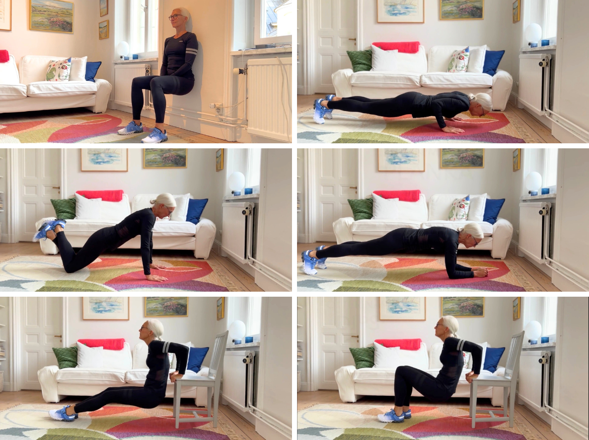 Exempel på maxtestövningar och hälsoformulär som används för att följa deltagarnas utveckling i Bodily. 