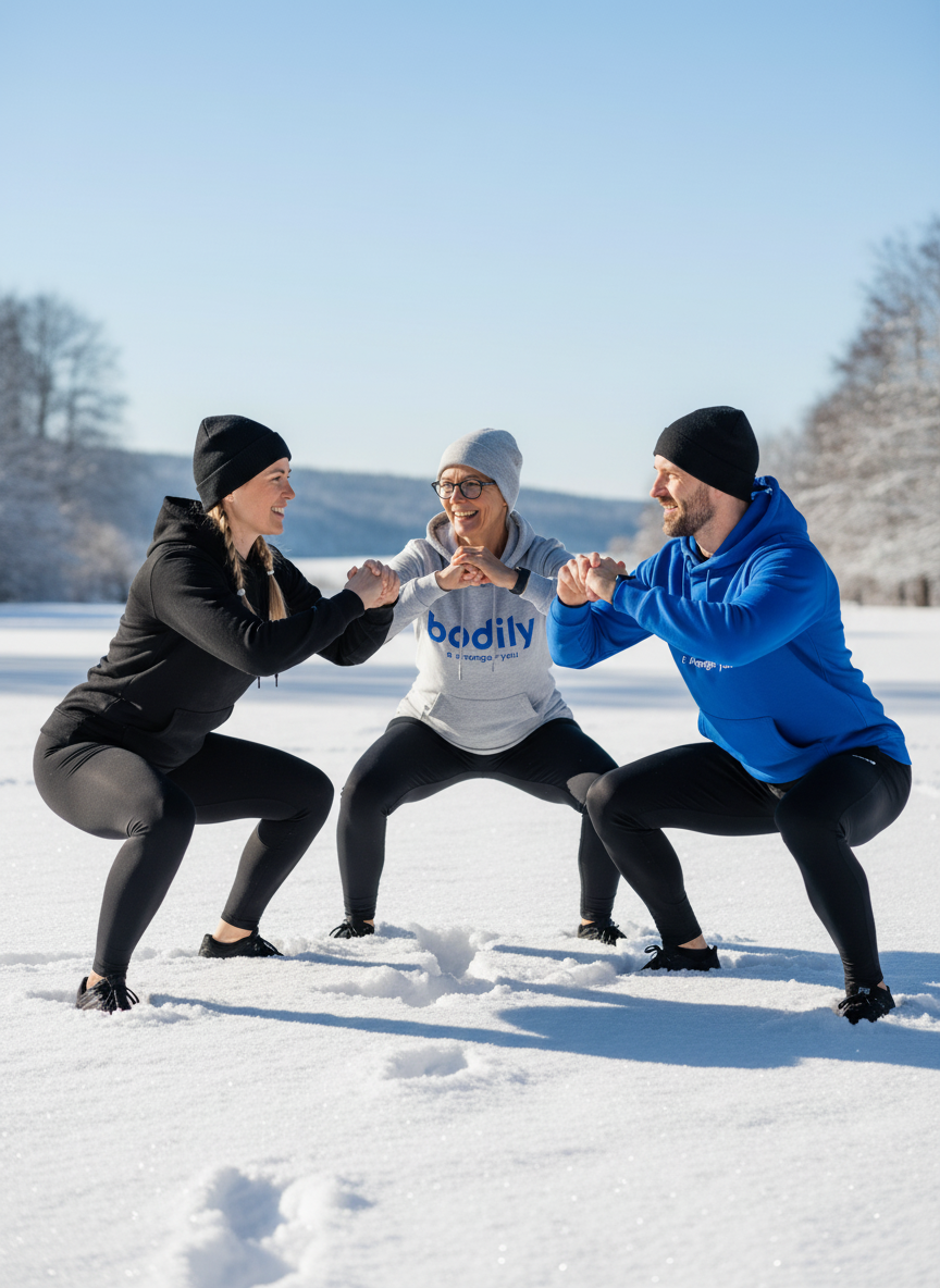 Deltagare som tränar ute i snön samt en hälsosam måltid – symboliserar balans mellan träning och kost i coachningen. 

