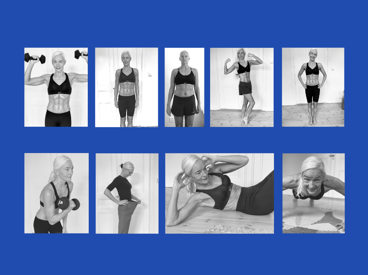 Exempel på veckobilder (framifrån, sidan och bakifrån) som deltagare kan ladda upp för trygg uppföljning av sin utveckling.