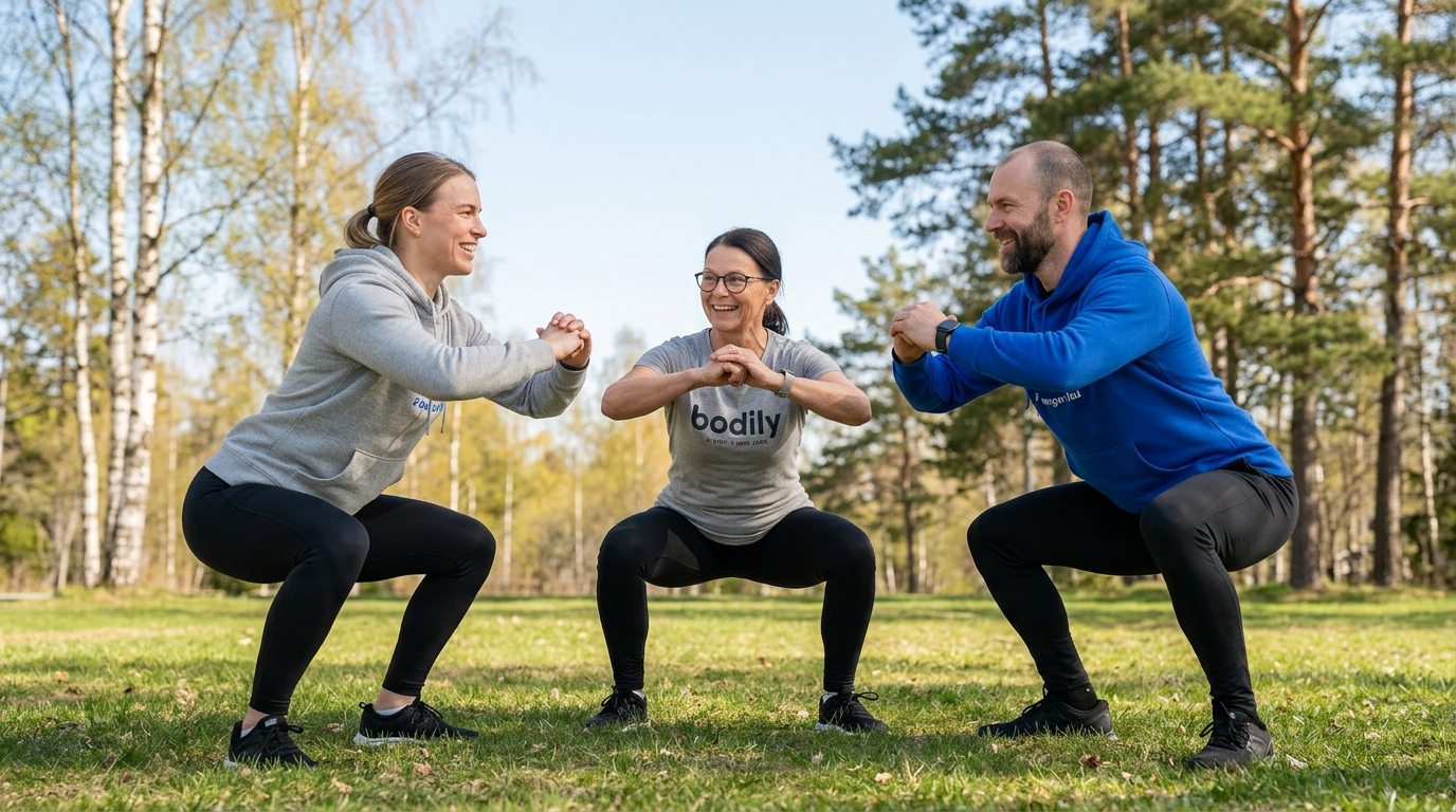 Bodilydeltagare och coacher som löptränare tillsammans i vårigt landskap. 