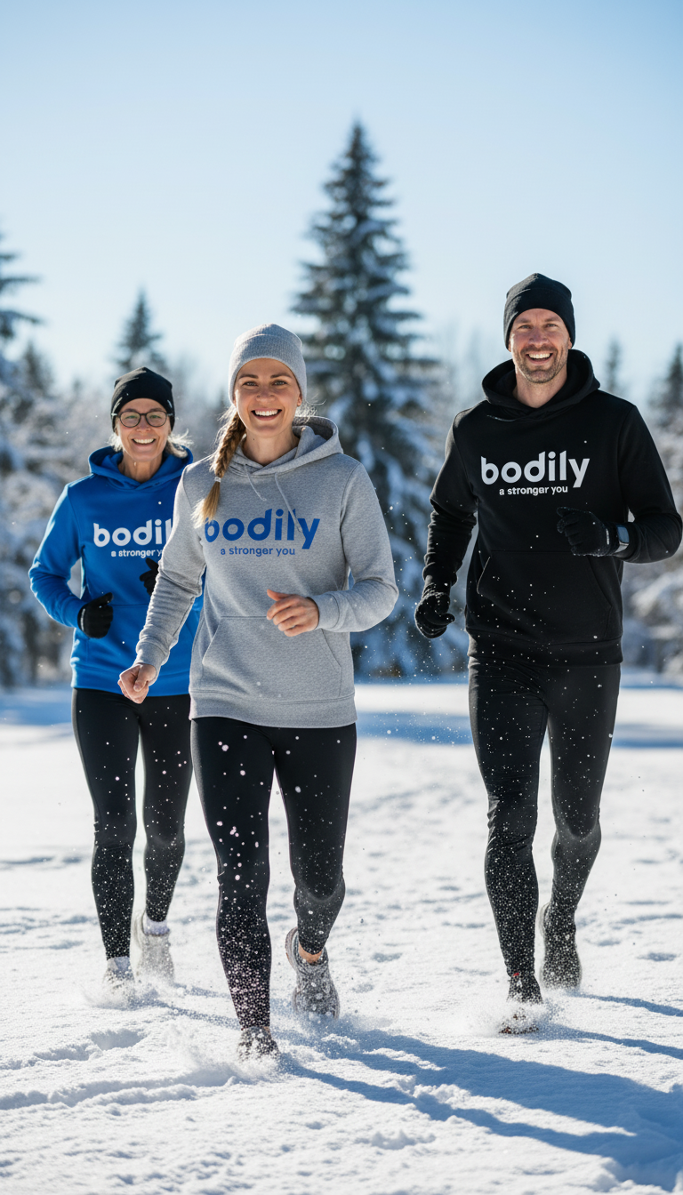 Bodilydeltagare och coacher som löptränare tillsammans i snöigt landskap.