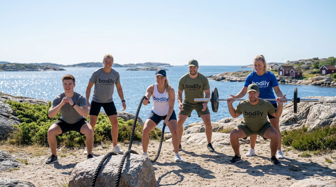 Bodilydeltagare och coacher som peppar och tränar på klippa, sommar. 