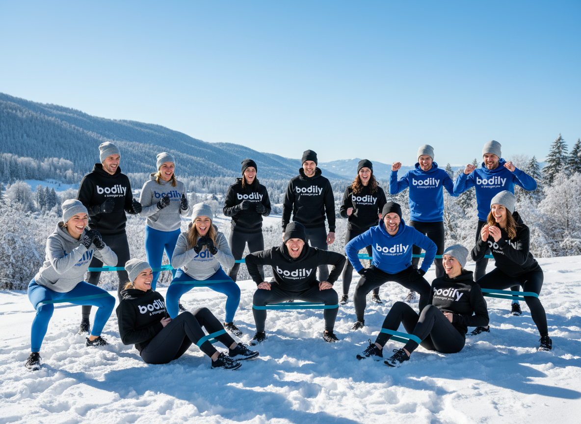 Bodilydeltagare och coacher som peppar och tränar i snötäckt landskap.