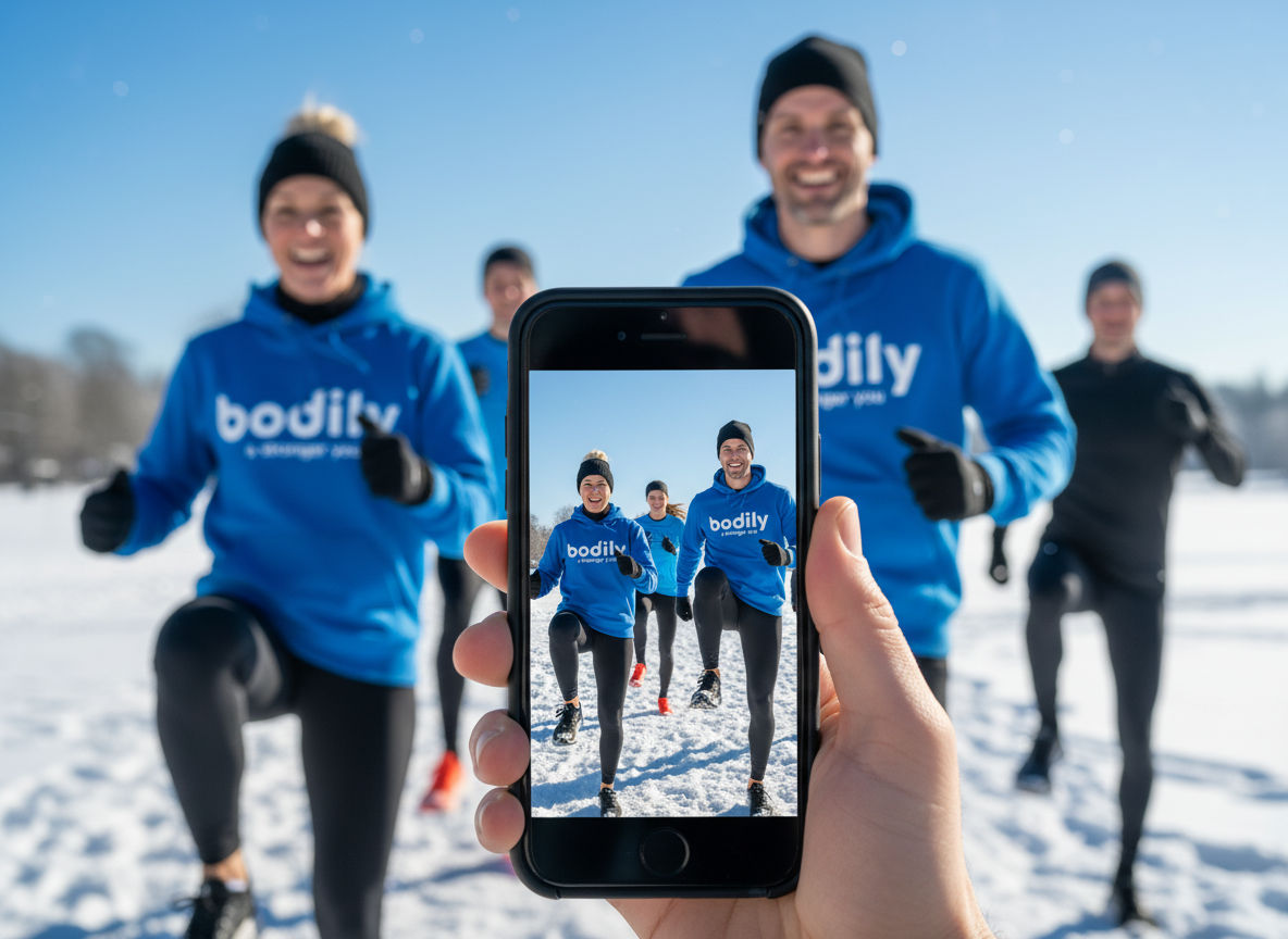 Gruppdeltagare och coacher som tränar tillsammans i vintermiljö.