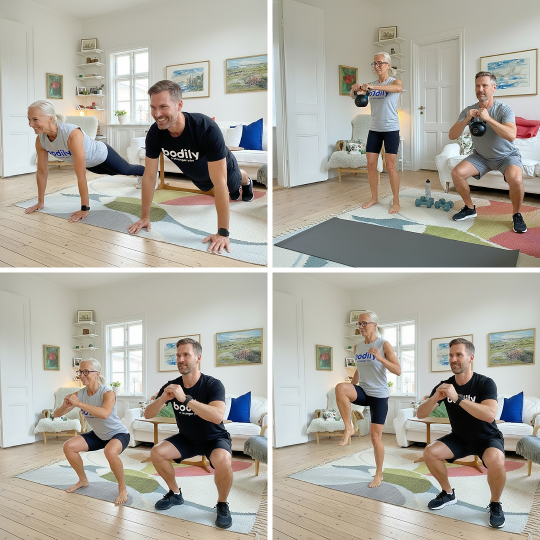 Filmkollage med olika HIIT-övningar som deltagare kan filma för teknikcoachning.