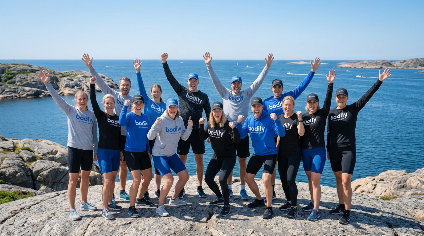 Bodily-deltagare som firar tillsammans i på en klippa vid havet.