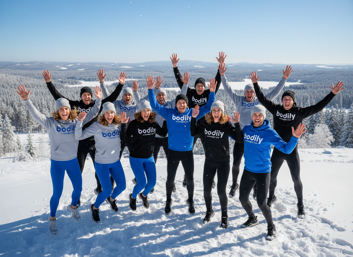 Bodily-deltagare som hoppar och firar tillsammans i snön.