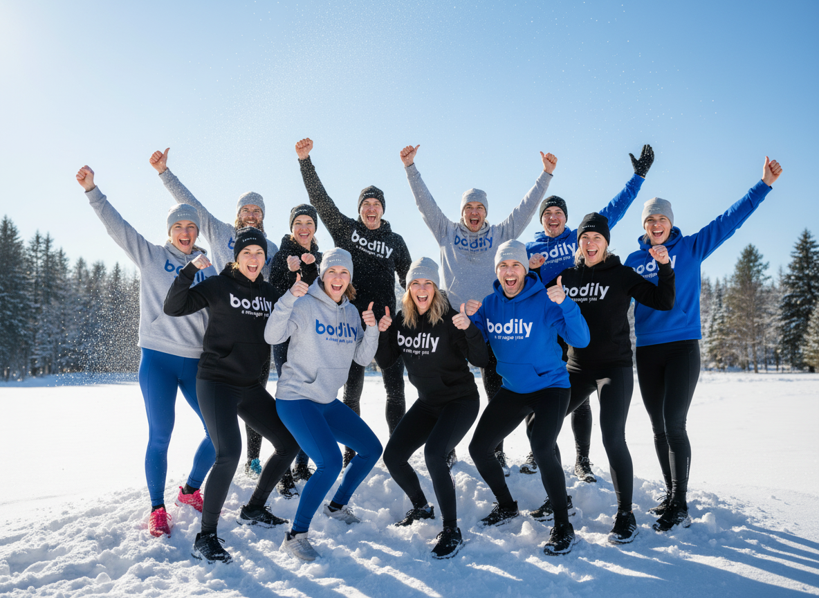 Bodily-deltagare som peppar och tränar i snötäckt landskap.