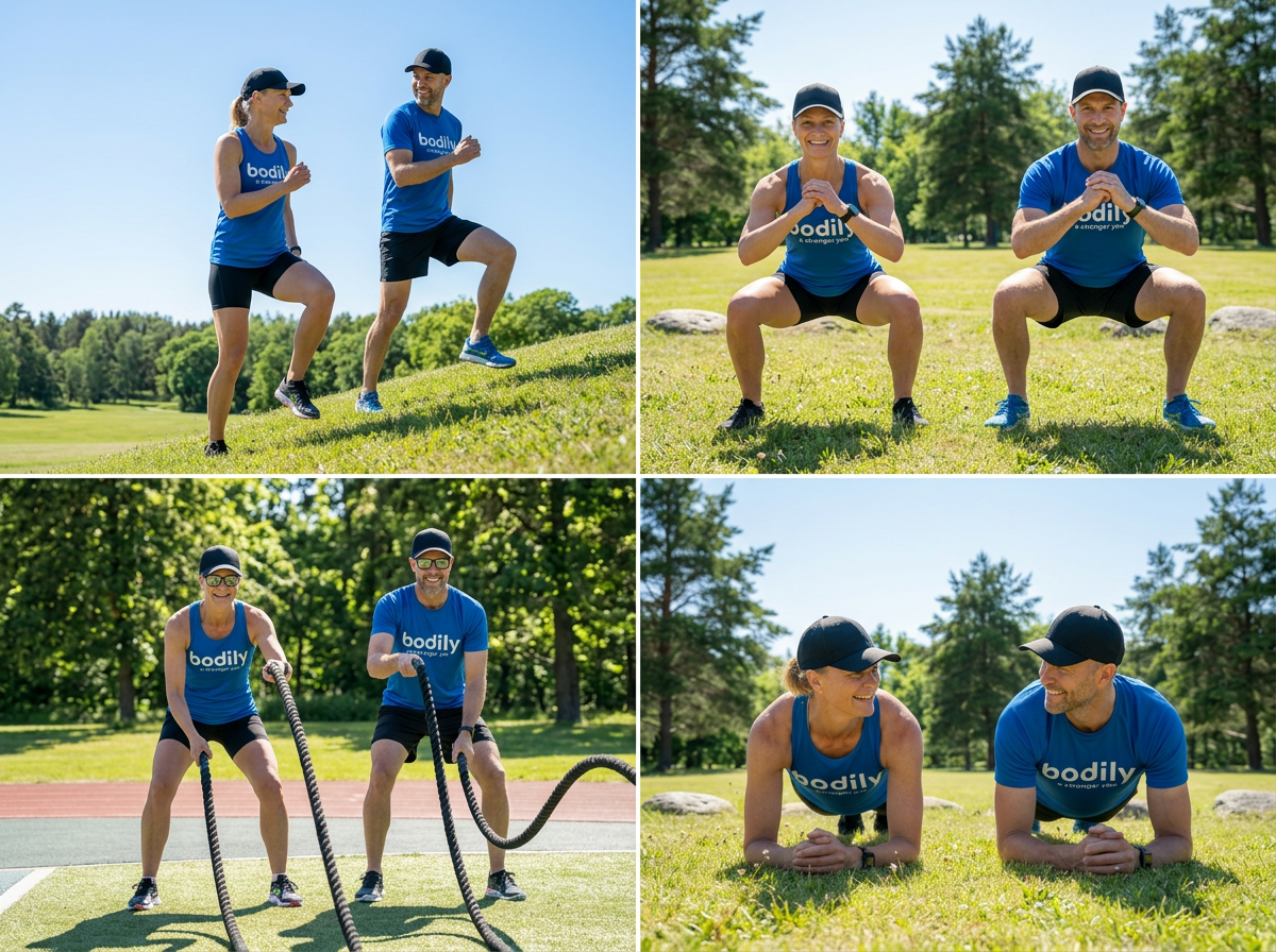 Deltagare som filmar sina HIIT-övningar utomhus – exempel på filmkollage som coacherna använder för individuell feedback.