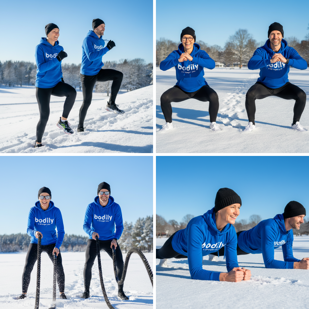 Deltagare som filmar sina HIIT-övningar utomhus – exempel på filmkollage som coacherna använder för individuell feedback. 