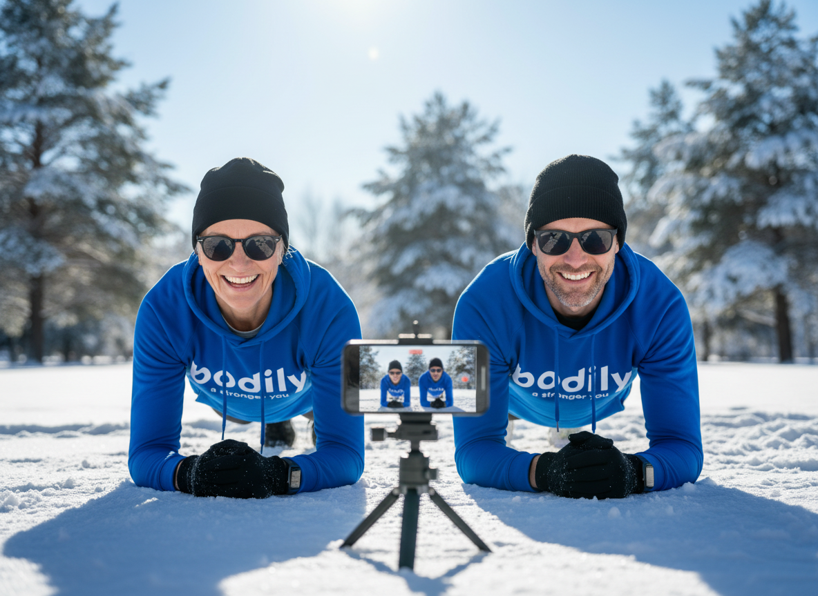 Deltagare som filmar sina HIIT-övningar utomhus – exempel på filmkollage som coacherna använder för individuell feedback. 