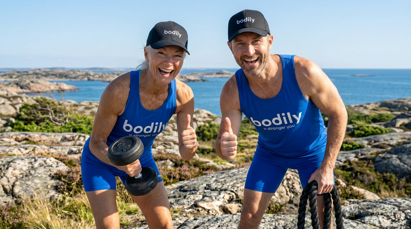 Coacher visar sin styrka efter HIIT-pass i Bodily kost-och träningsprogram online. 
