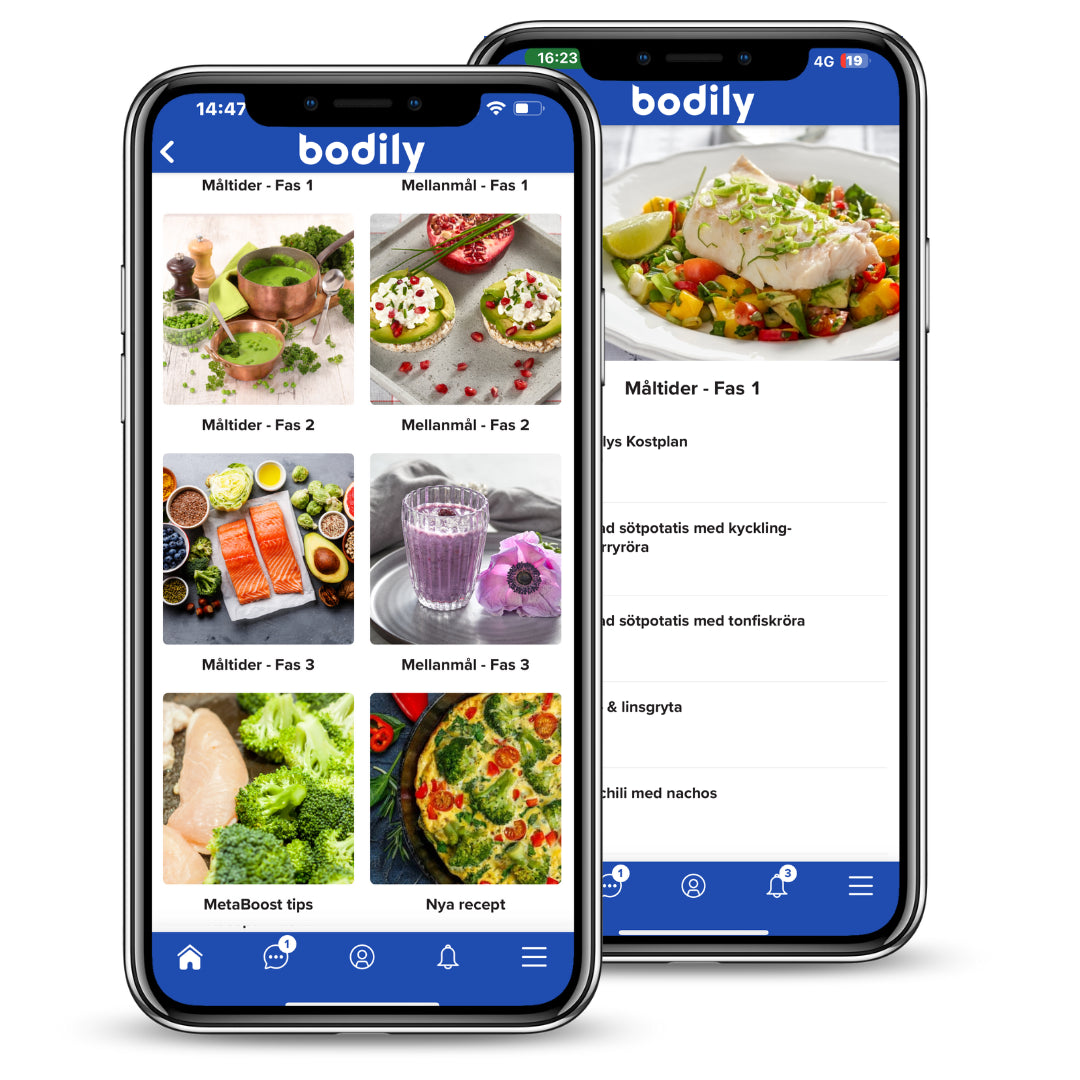 Receptöversikt i Bodilys app med hundratals hälsosamma recept.