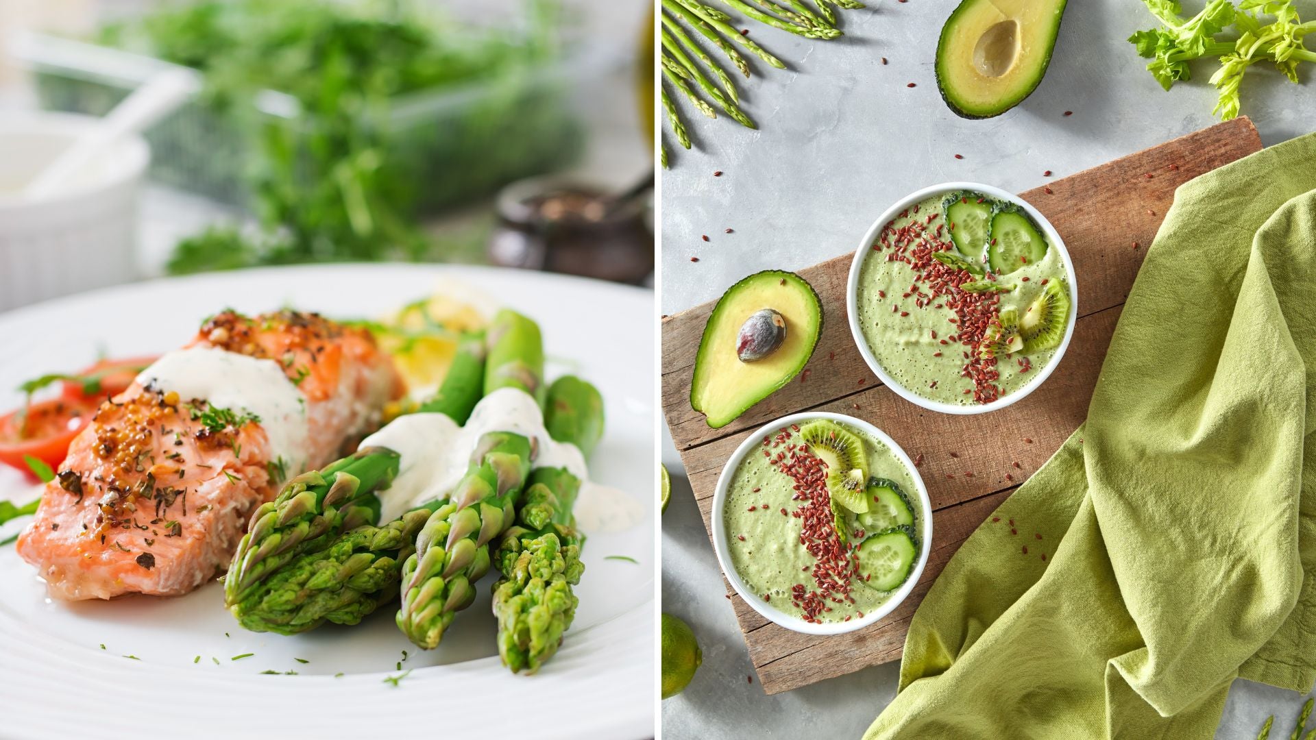 Näringsrik mat för energi och återhämtning: lax med sparris samt gröna smoothie bowls med frukt och frön
