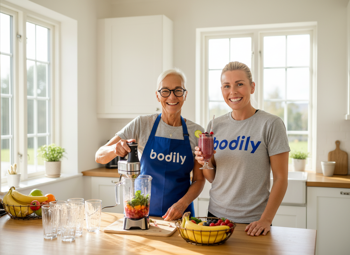 Bodily kosten ger recept på mellanmål och måltider, t ex smoothie.