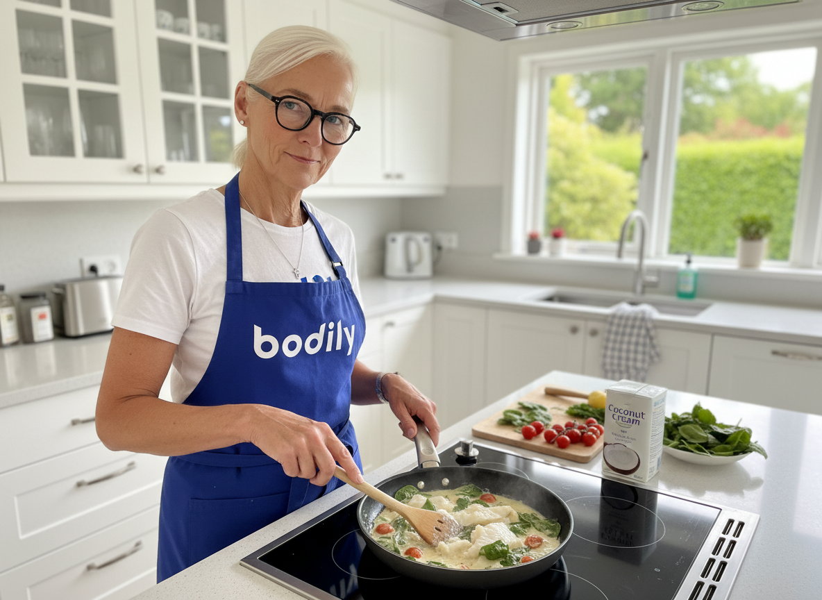 Karin Franzén Bohman i köket under Bodily Kost – digital kostskola med recept, coachning och kostutbildning.