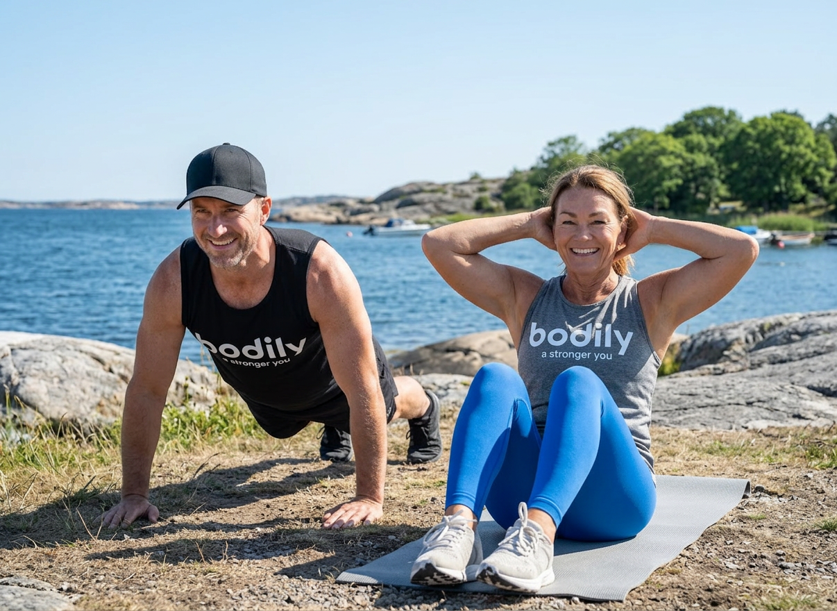 Med Bodily kost- och träningsprogram online får de en starkare vardag, med träning hemma, utomhus eller på gym.