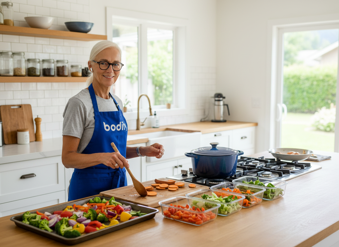 Karin lagar storkok med hälsosam måltid med mycket grönt som illustrerar kostupplägget i Bodily.