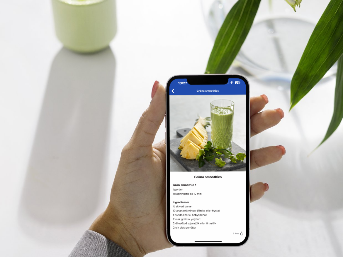 Bodilyappen med receptbank och en grön smoothie, totalt cirka 300 recept.