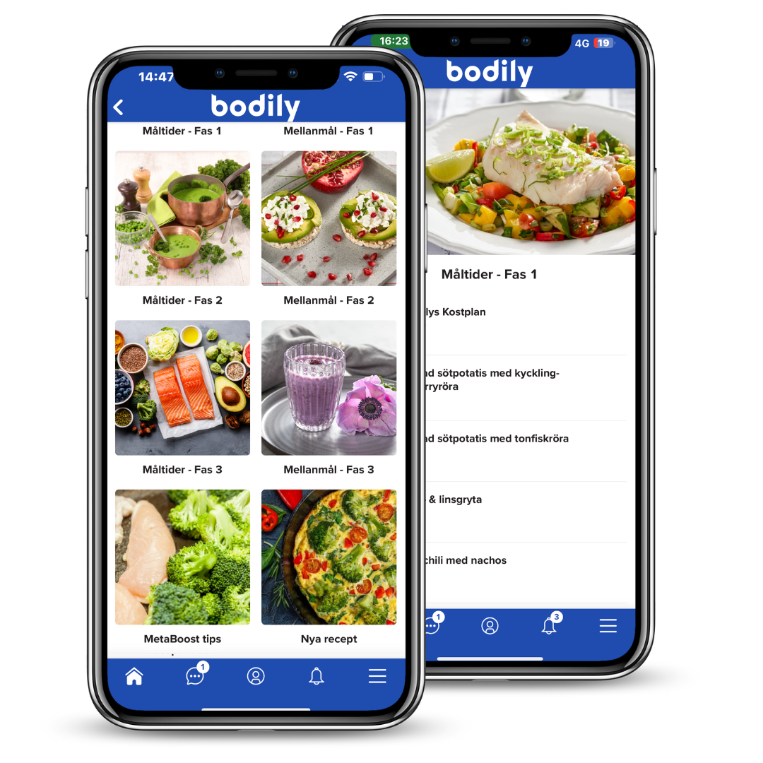 Bodilyappen ger deltagarna stort urval av måltider och mellanmål i Bodily kost- och träningsprogrammen.