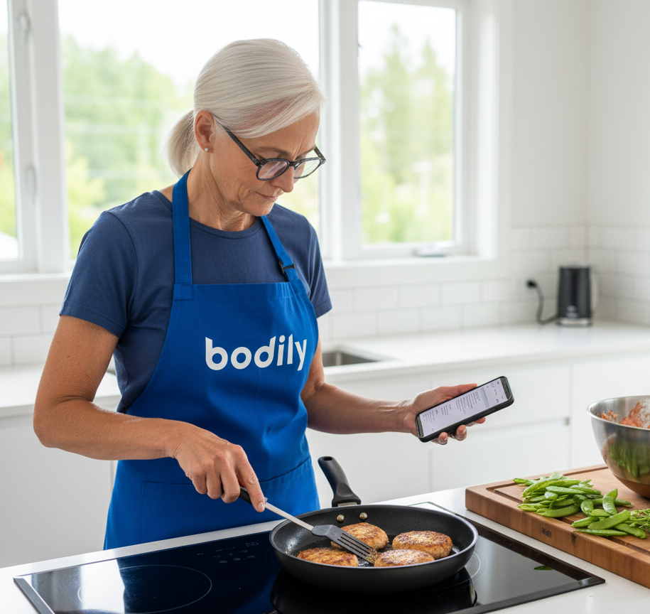 Karin steker laxfärsbiffar och i mobilen har hon Bodilyappen med Bodilys 300 recept.