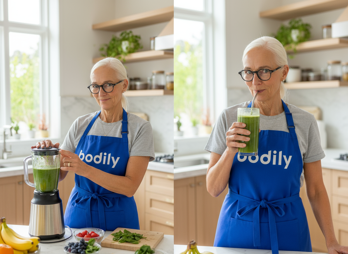 Karin mixar och dricker grön smoothie från Bodilappens receptbank.