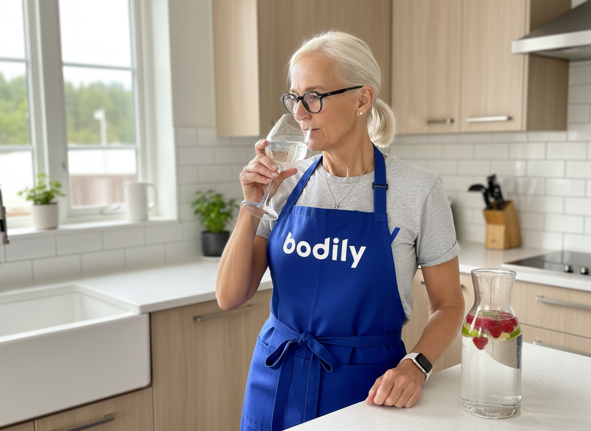 Karin dricker smaksatt vatten i Bodilys kost- och träningsprogram online.