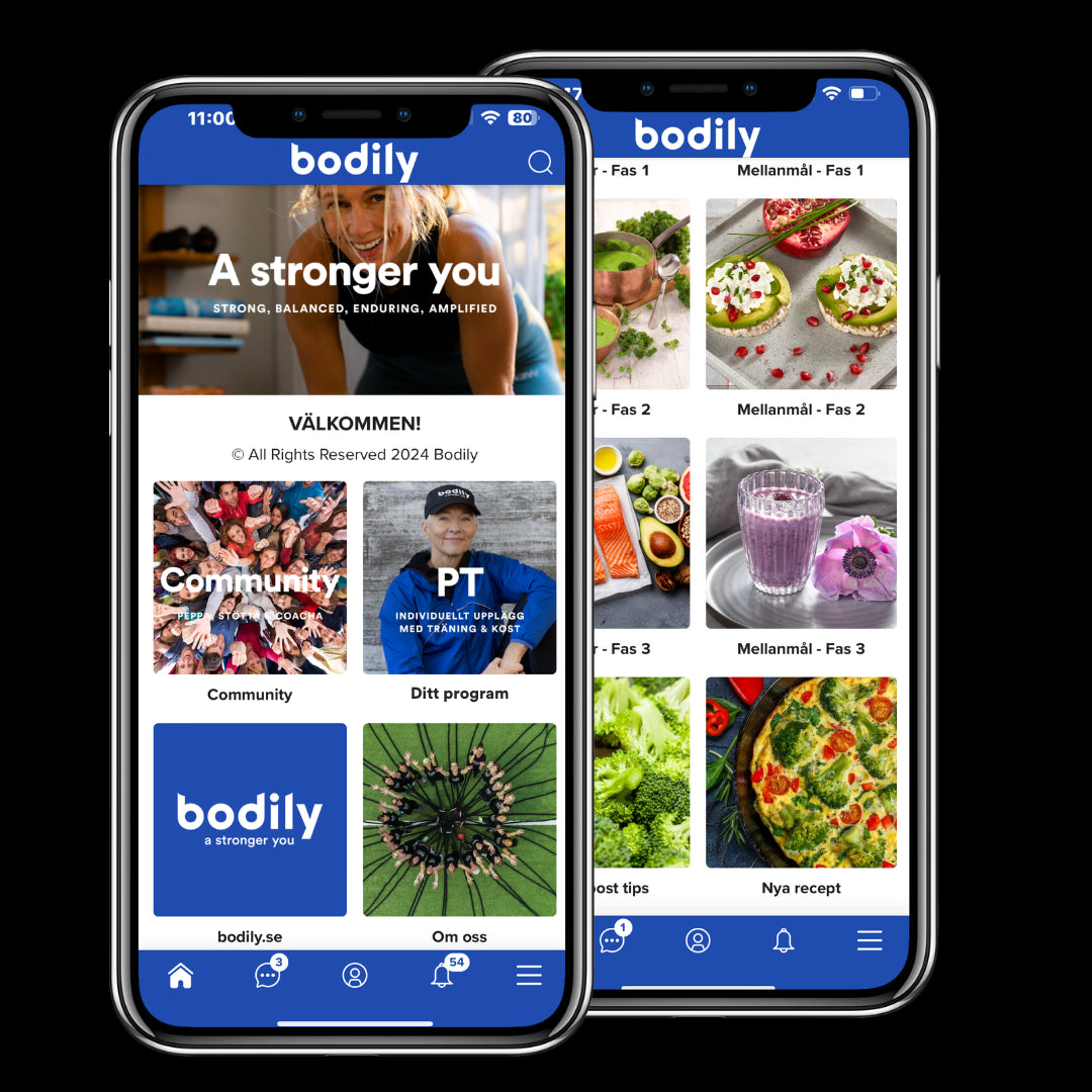 Mobilskärm som visar Bodily-appen med träning, recept och upplägg.