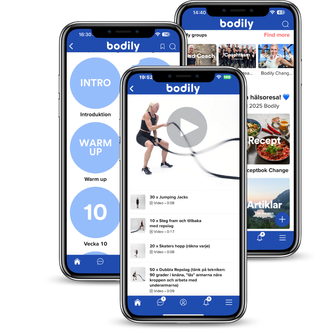 Bodilyappen med instruktionsvideor för träning i kost-och träningsprogram online. 