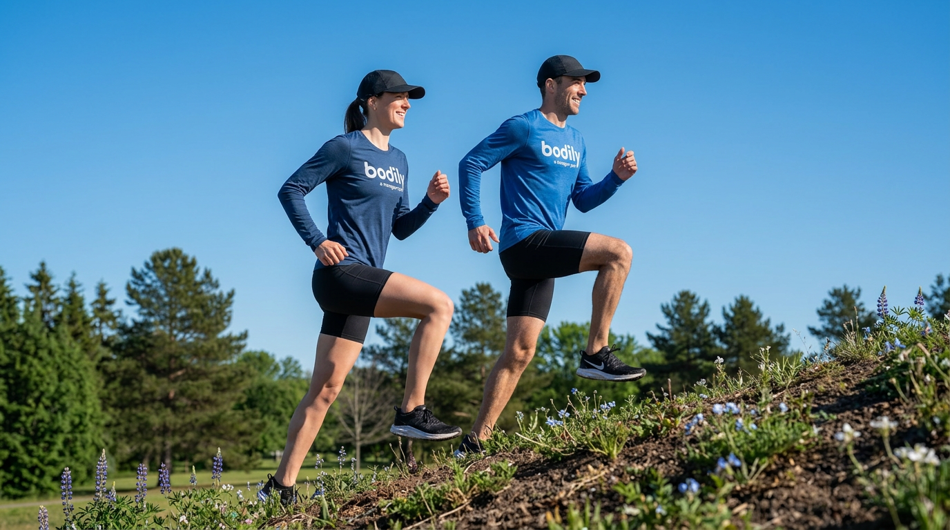 Deltagare i sommarmiljö som tränar tillsammans – illustration av Bodily Routine och hållbara rutiner.
