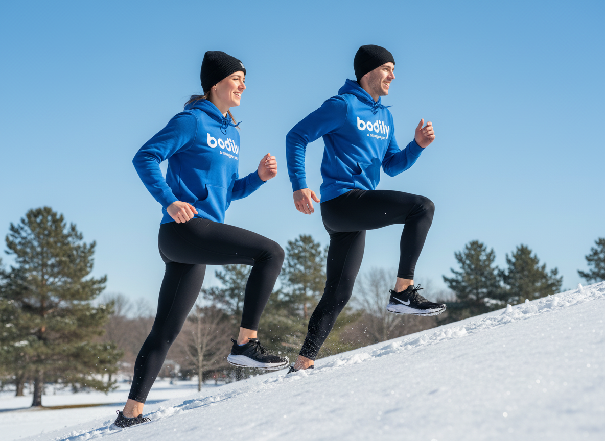 Deltagare i vintermiljö som tränar tillsammans – illustration av Bodily Routine och hållbara rutiner.